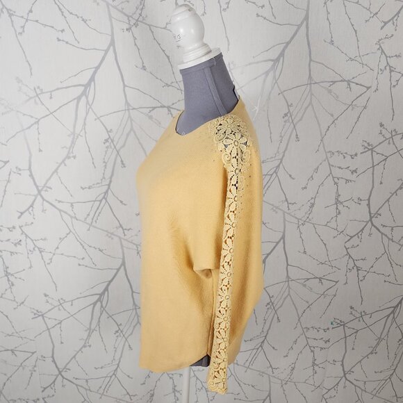 Liv Milano Yellow Knit Lace Stripe Dolman Sleeve Round Neck Top - Picture 3 of 7